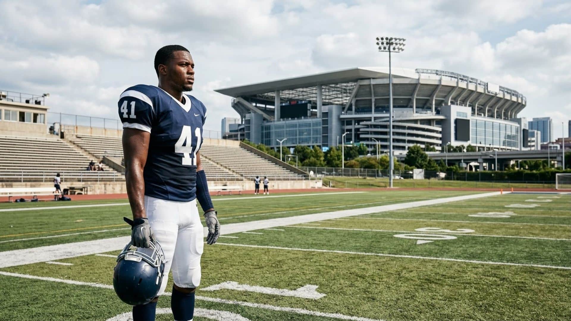 ufl player on smaller field looking toward larger stadium ahead showing path from ufl to nfl career progression