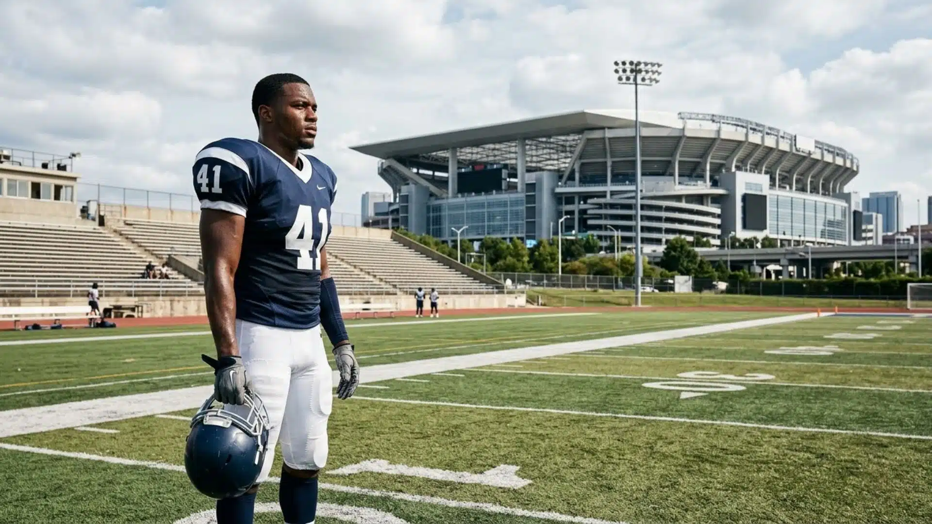 ufl player on smaller field looking toward larger stadium ahead showing path from ufl to nfl career progression