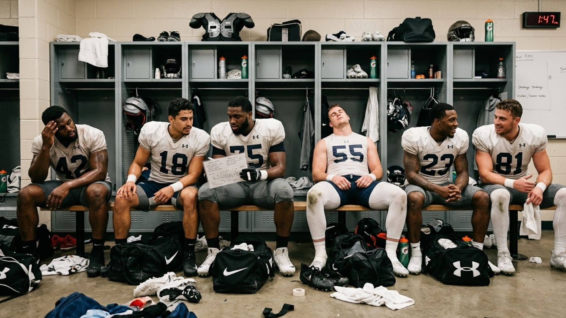ufl players sitting in locker room after practice showing team bonding and focus realistic sports environment