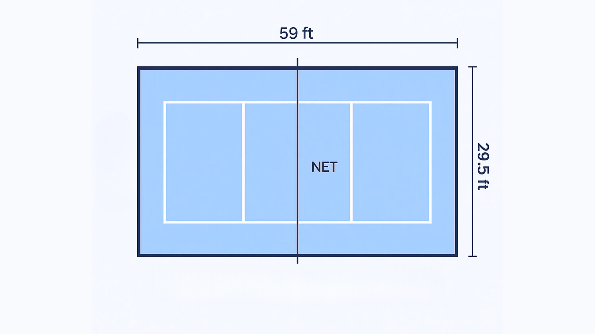 volleyball court outline with makings on its side as 59ft in length and 29 ft in width