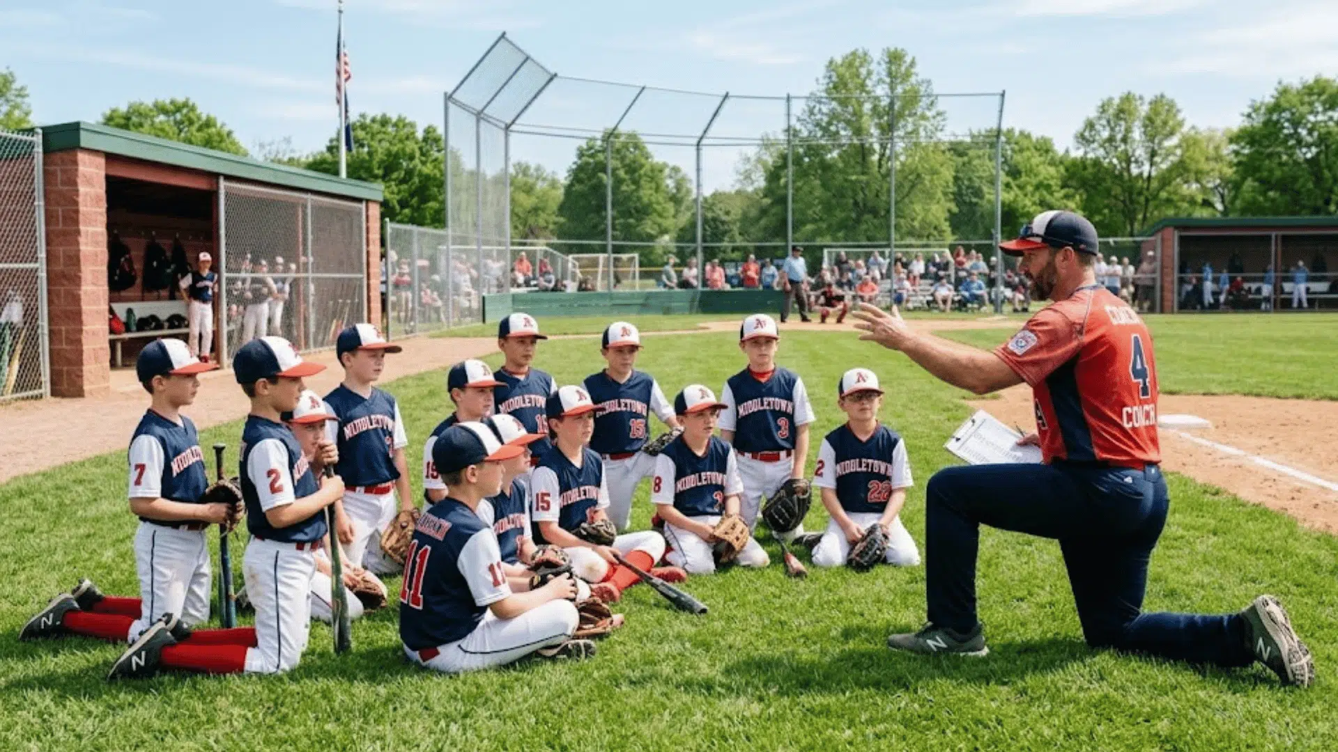 youth baseball coach gives team talk on field key sports words for coaches parents and kids to know
