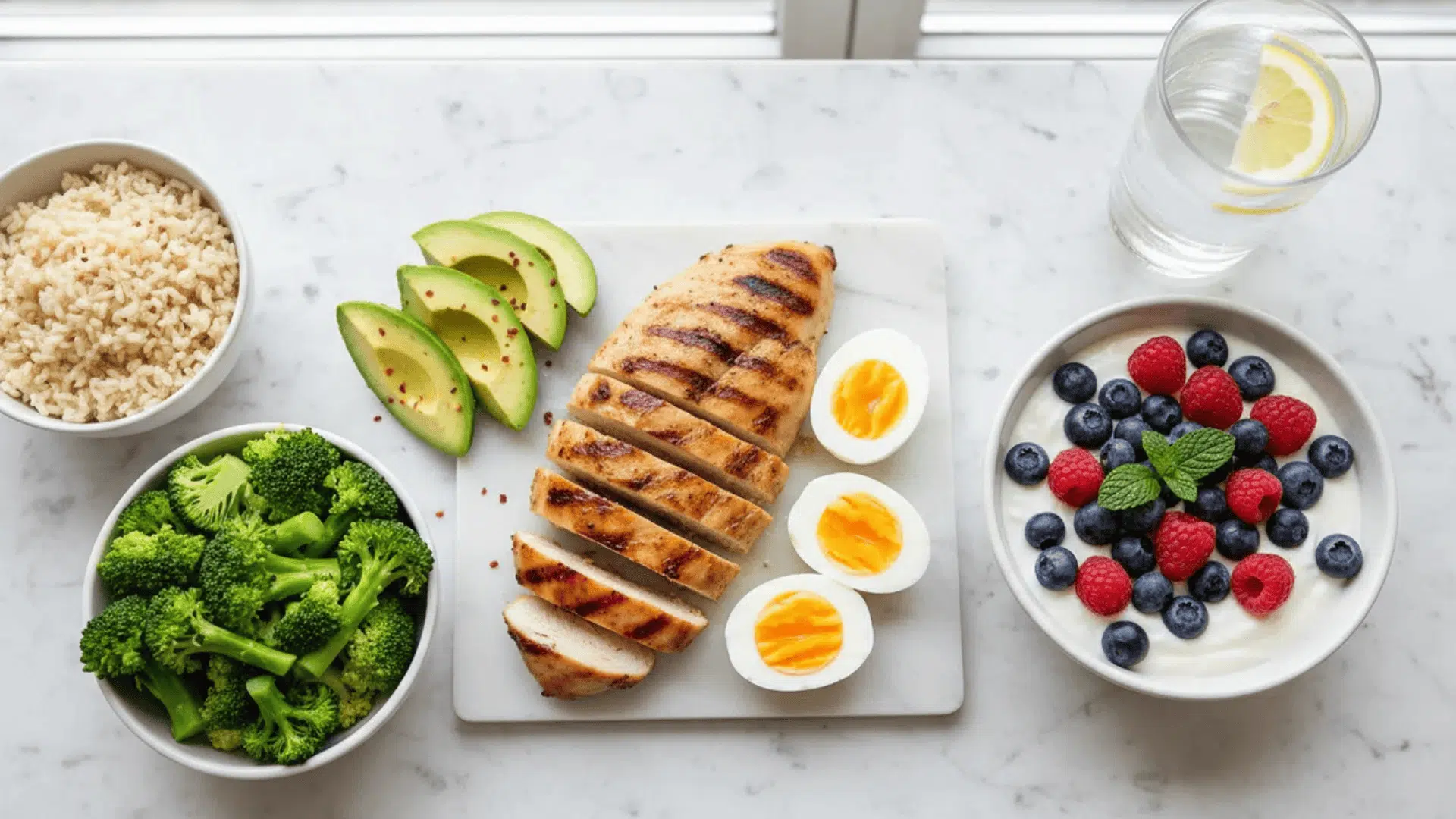 a balanced meal with grilled chicken eggs avocado broccoli brown rice yogurt berries and lemon water with 1000 calorie meal plan for weight loss