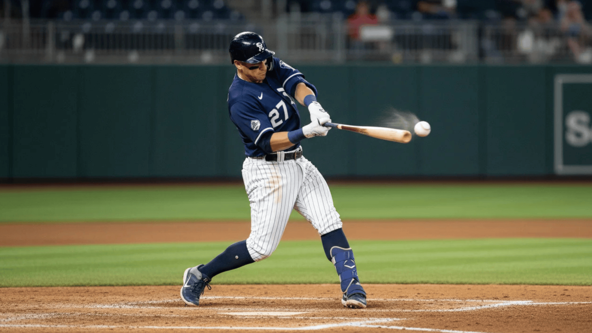 a baseball player in navy uniform swings bat making contact with ball on field during game with blurred stands behind