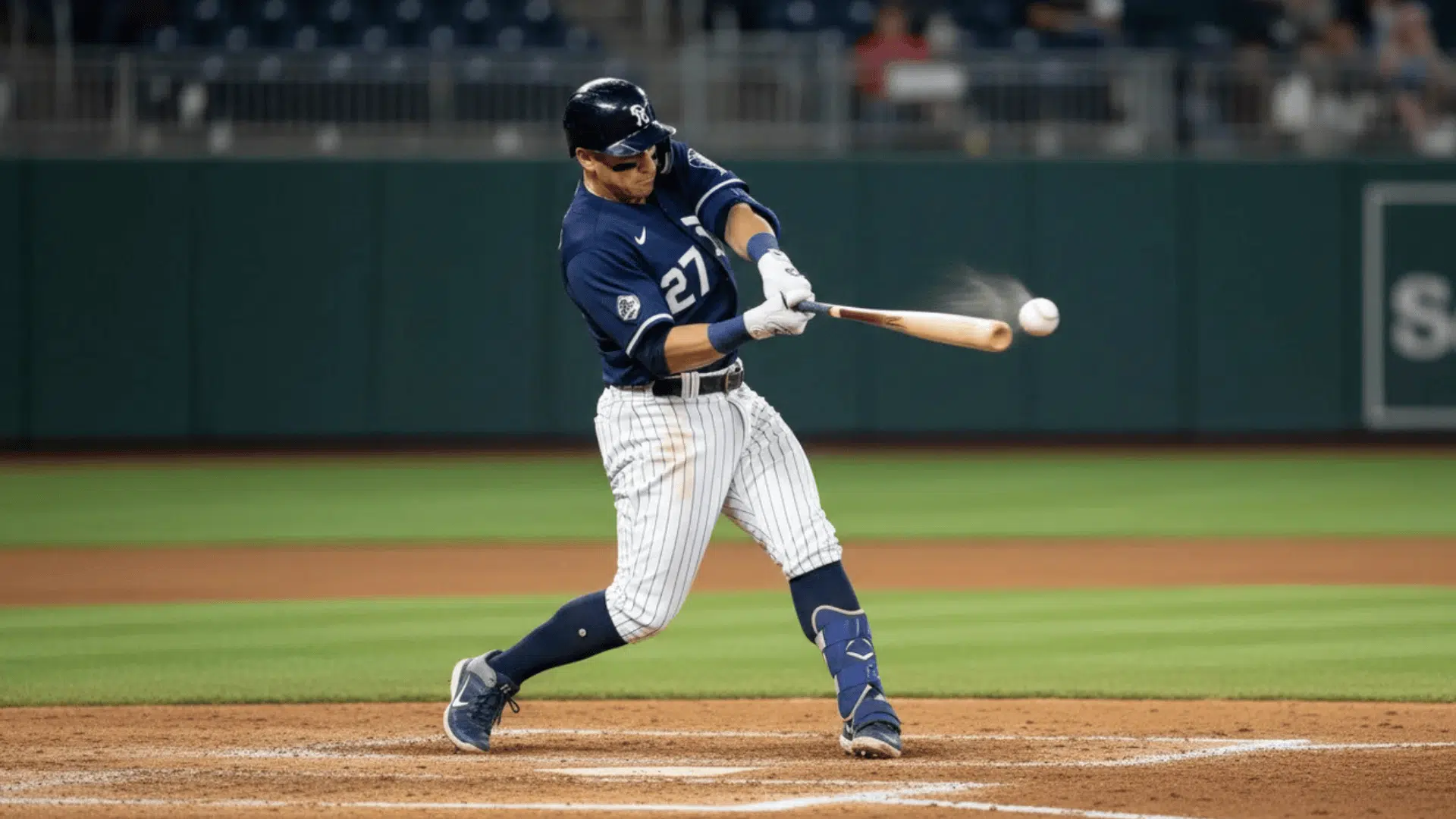 a baseball player in navy uniform swings bat making contact with ball on field during game with blurred stands behind