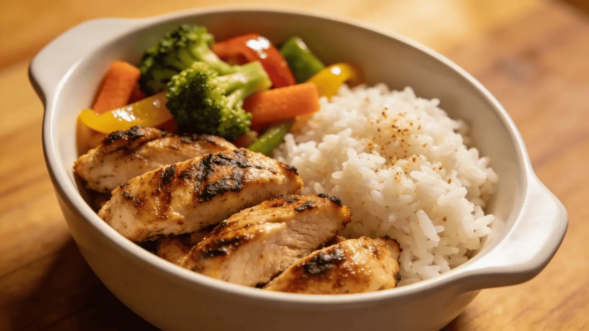 a bowl containing grilled chicken slices served with white rice and mixed vegetables including broccoli carrots and bell peppers