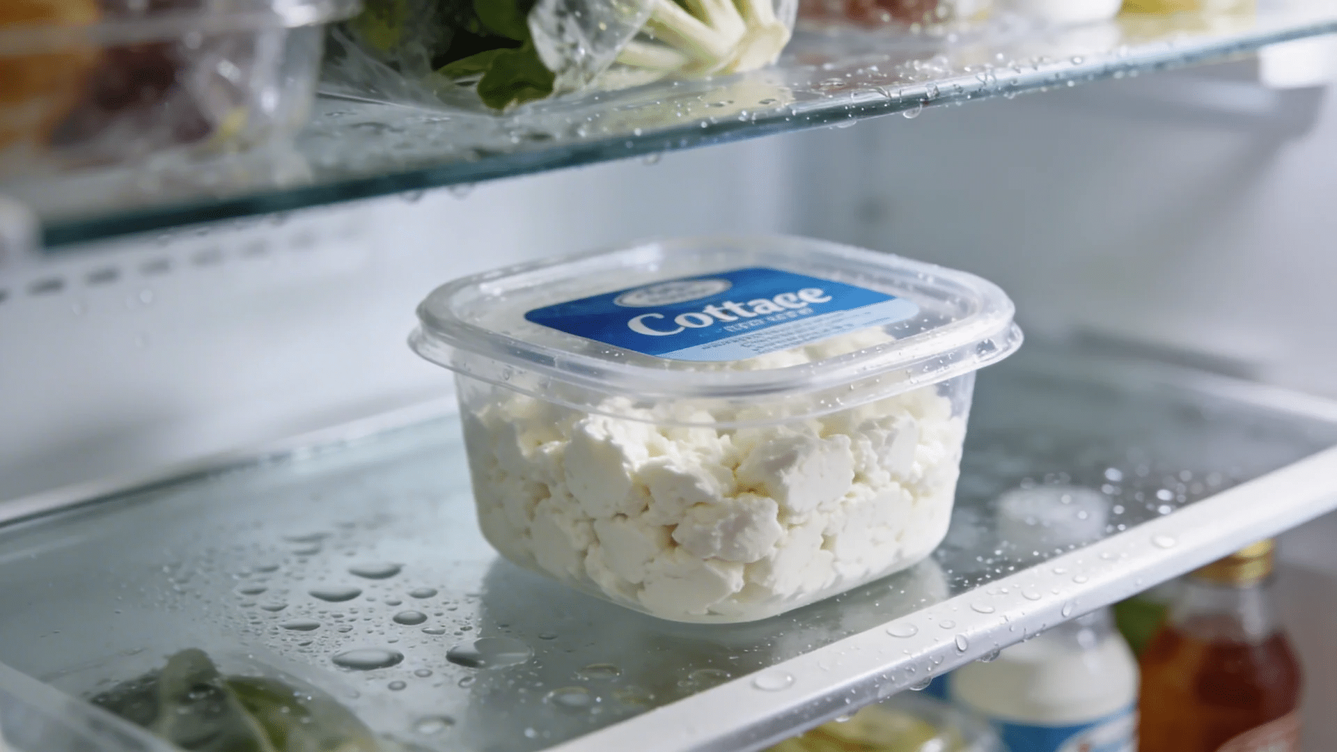 a container of cottage cheese placed on a glass shelf inside a refrigerator with water droplets and other food items nearby