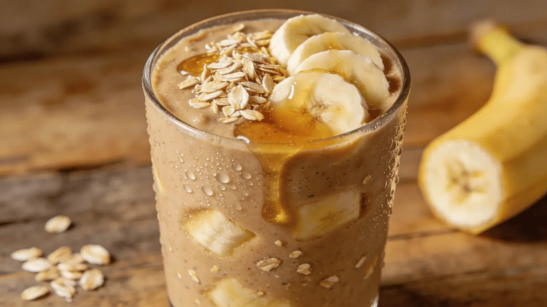 a glass of banana smoothie topped with sliced bananas oats and honey placed on a wooden surface