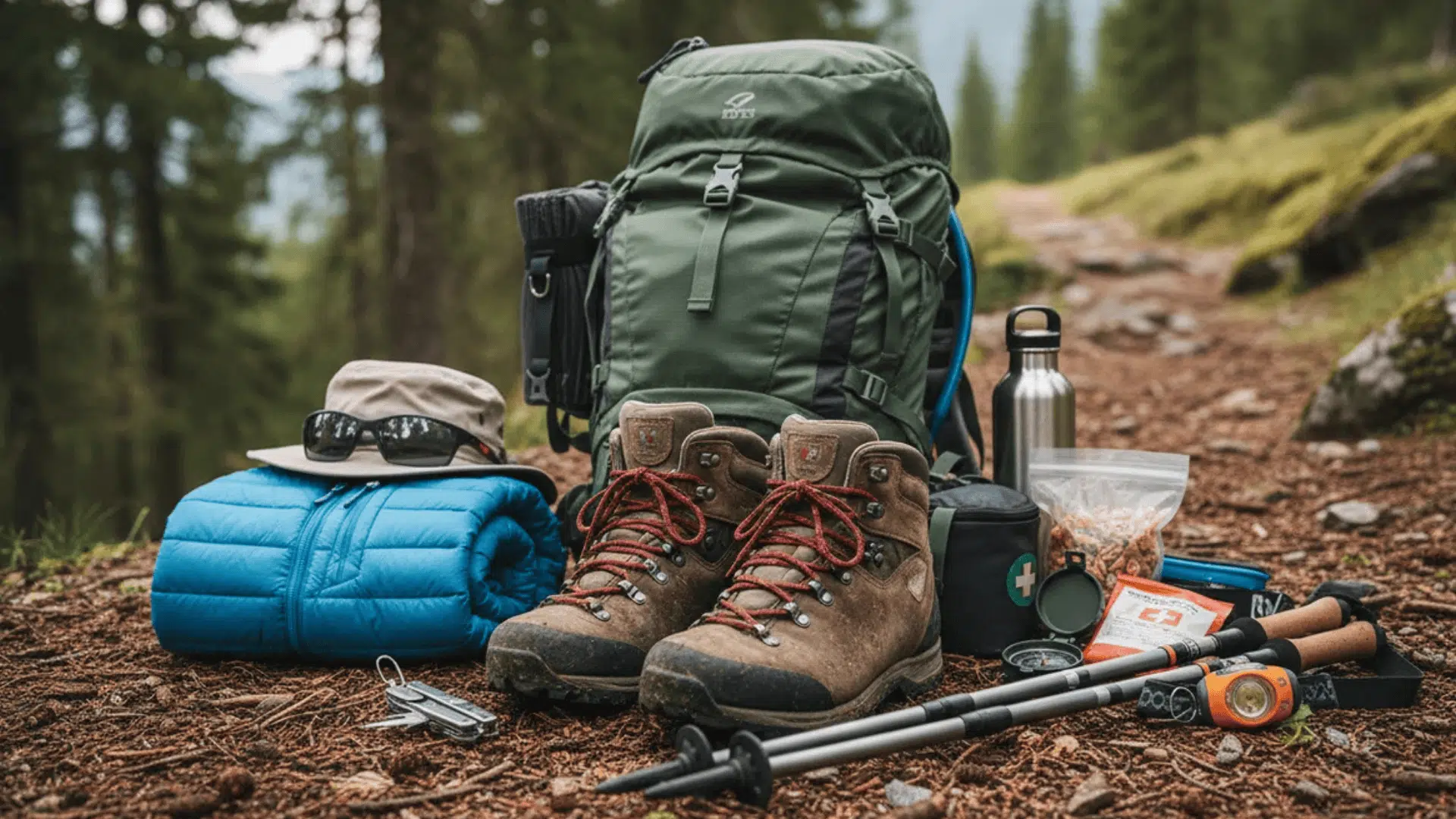 a hiking backpack boots and outdoor gear arranged on a forest trail with trekking poles