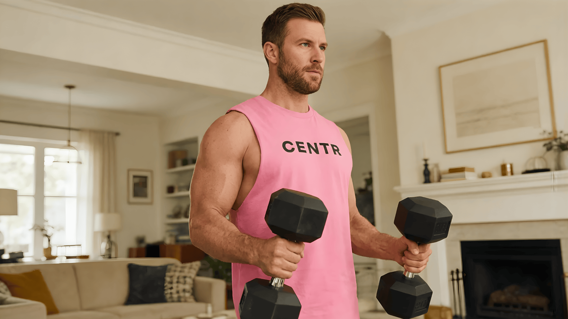 a man doing upper body dumbbell workout in bright living room holding weights and exercising indoors