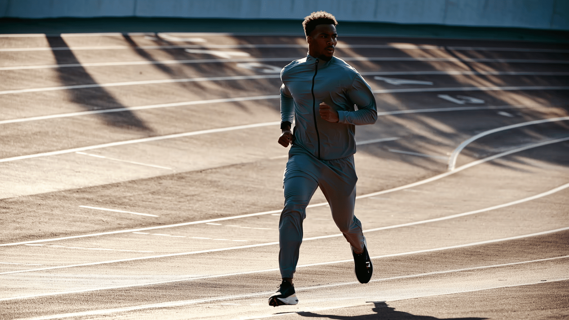 a man in a teal tracksuit runs on a sunlit track with long shadows showcasing athletic focus and modern activewear