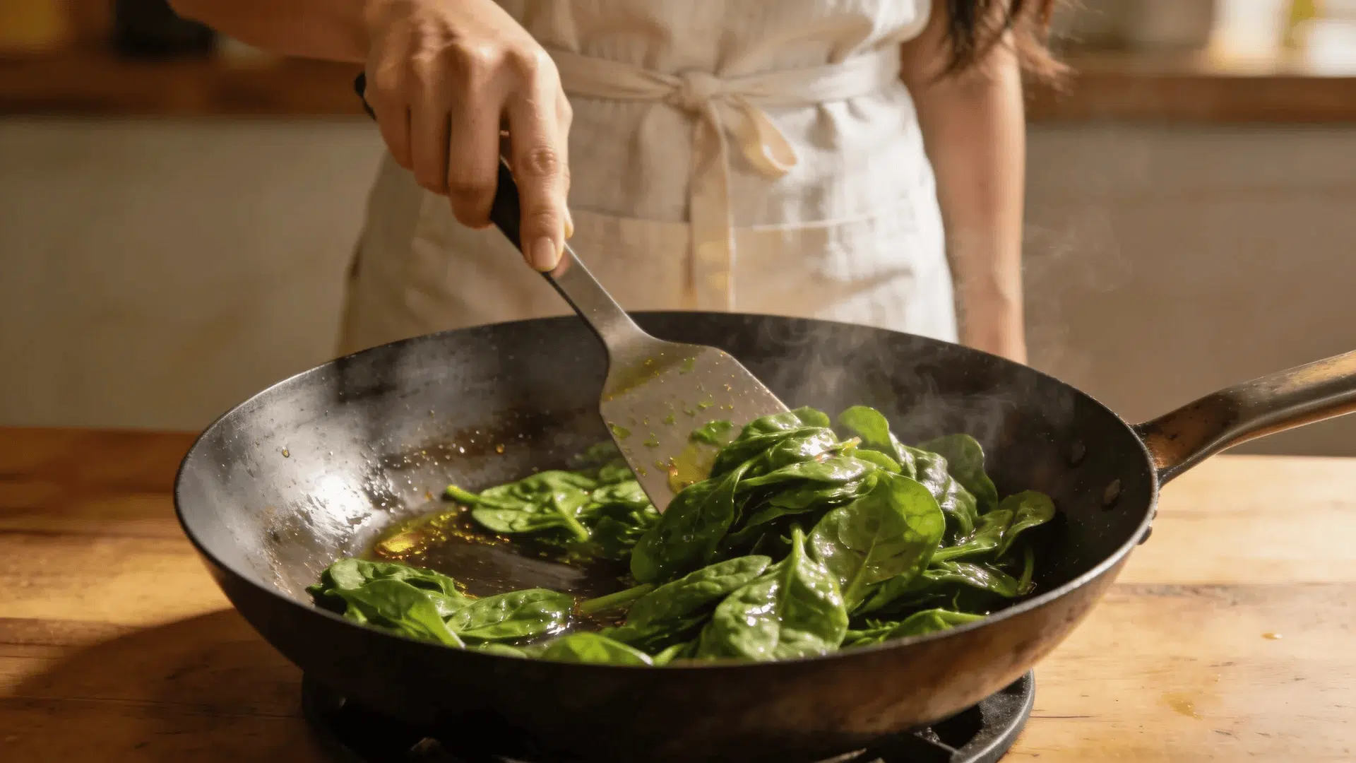 a person wearing an apron cooking fresh spinach in a pan using a spatula with steam rising in a warmly lit kitchen