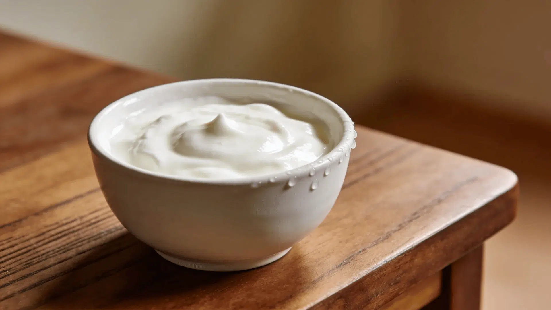 a small white bowl filled with thick creamy yogurt placed on a wooden surface with soft warm lighting