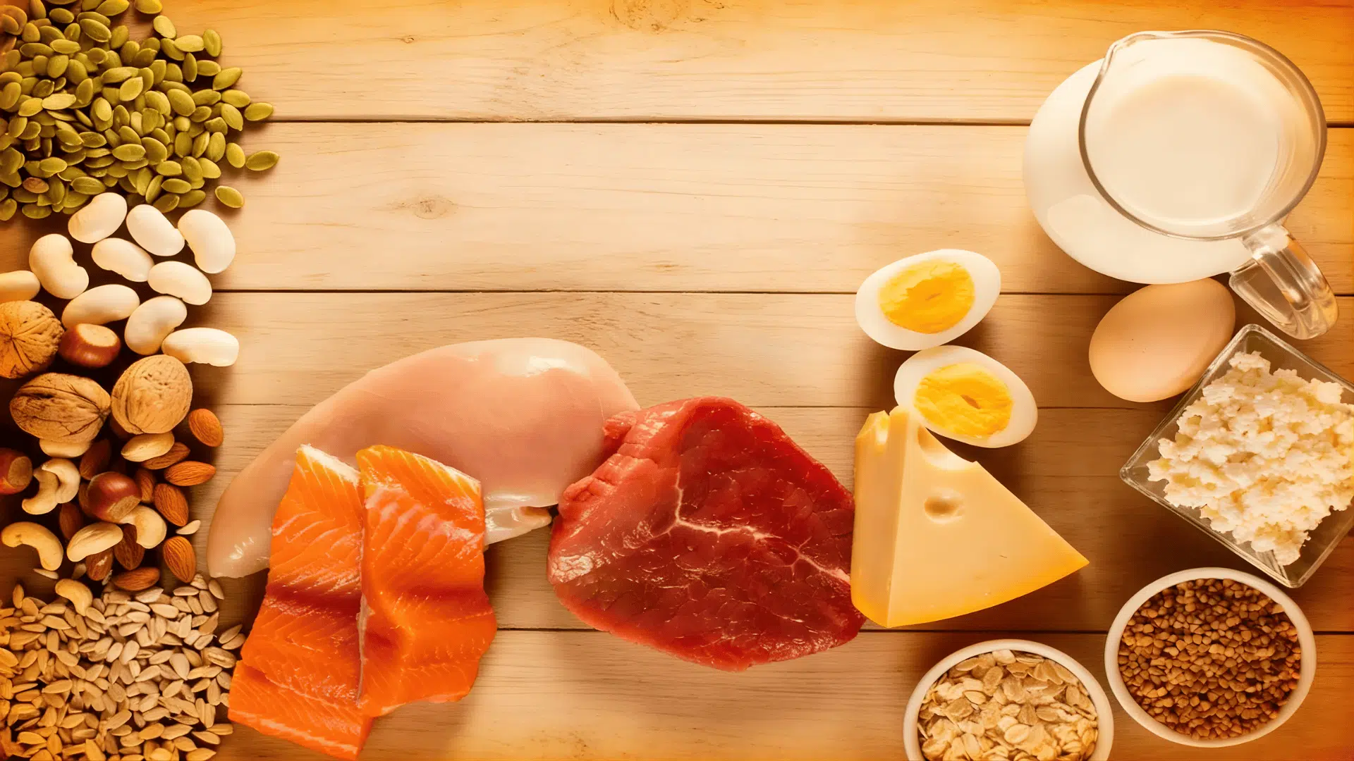 a variety of protein rich foods including meat fish eggs cheese nuts seeds and grains arranged