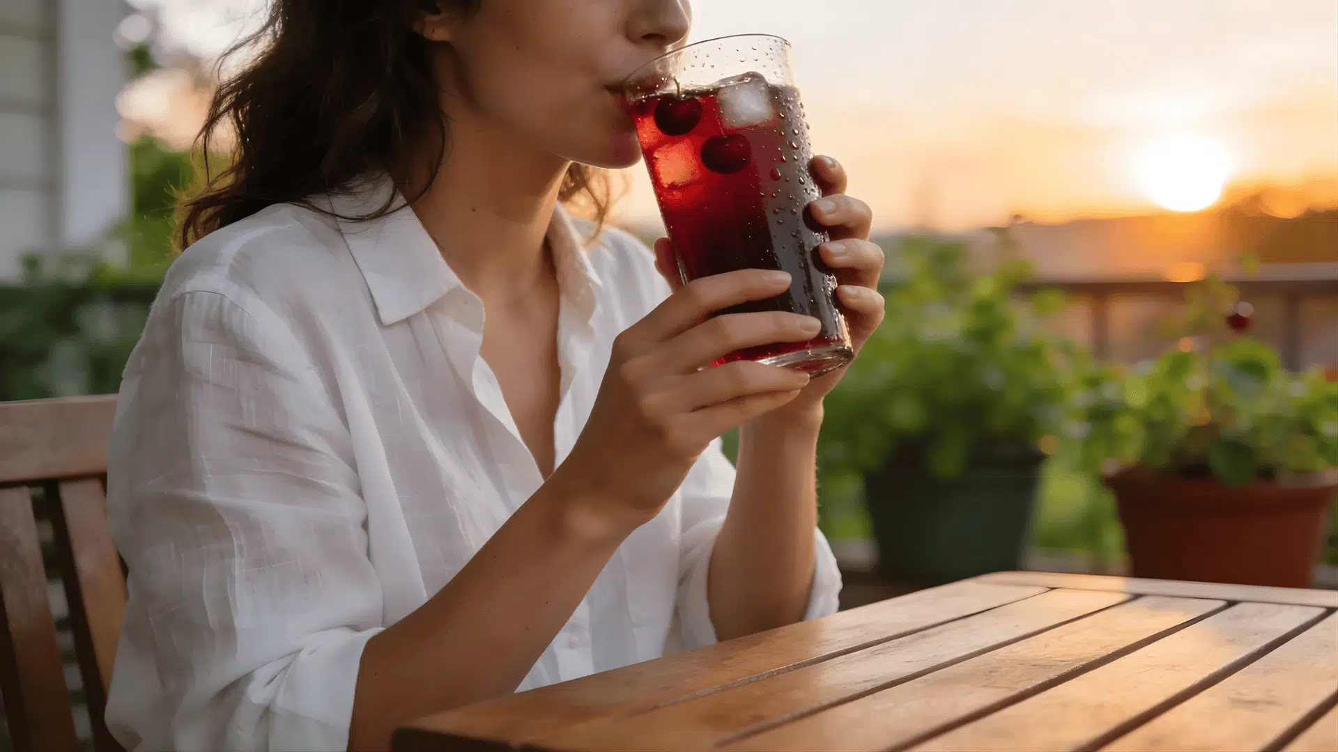 a woman sitting outdoors at a wooden table sipping a red drink with ice and cherries during a warm sunset