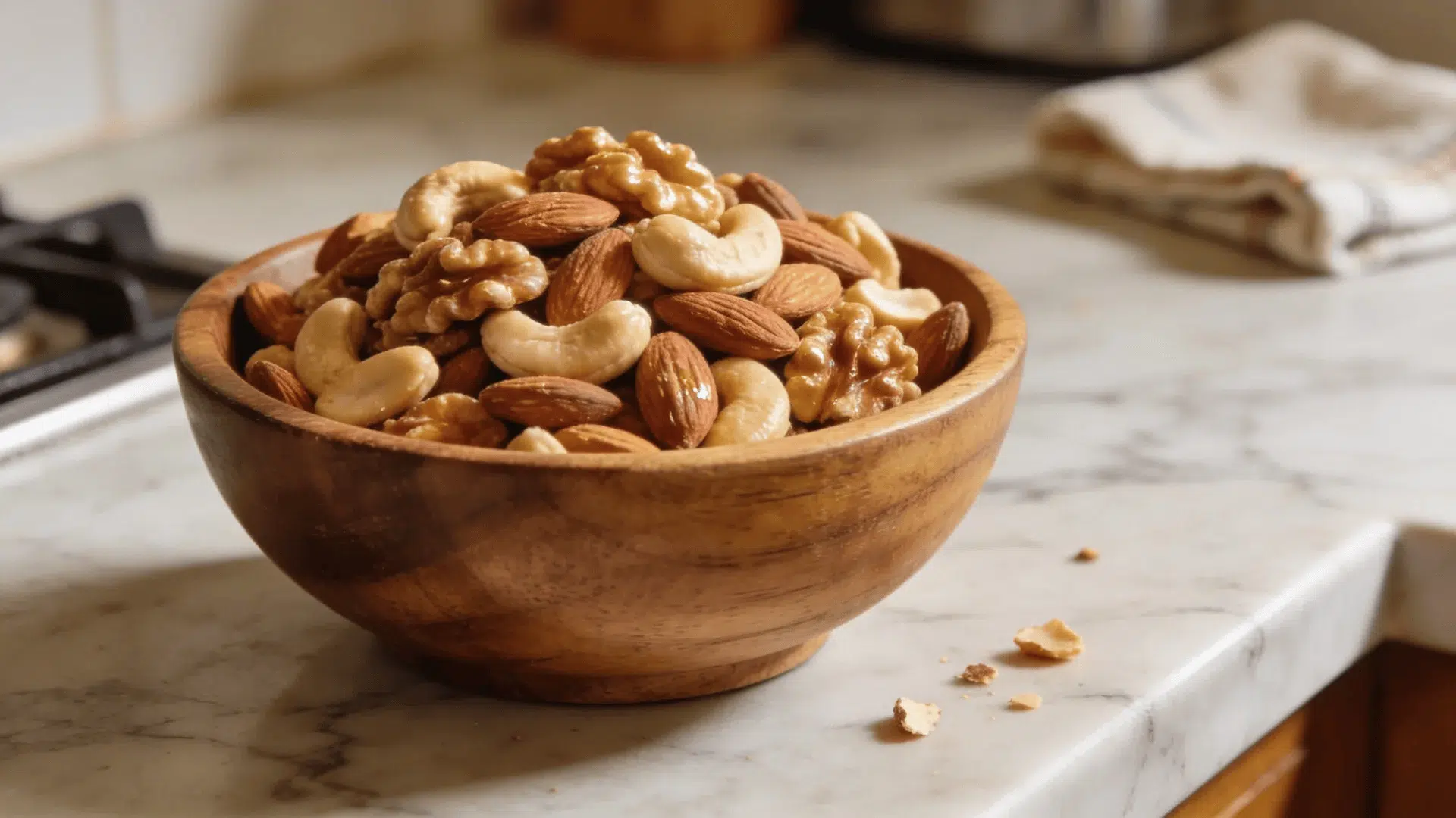 a wooden bowl filled with mixed nuts including almonds cashews and walnuts placed on a marble countertop in a kitchen