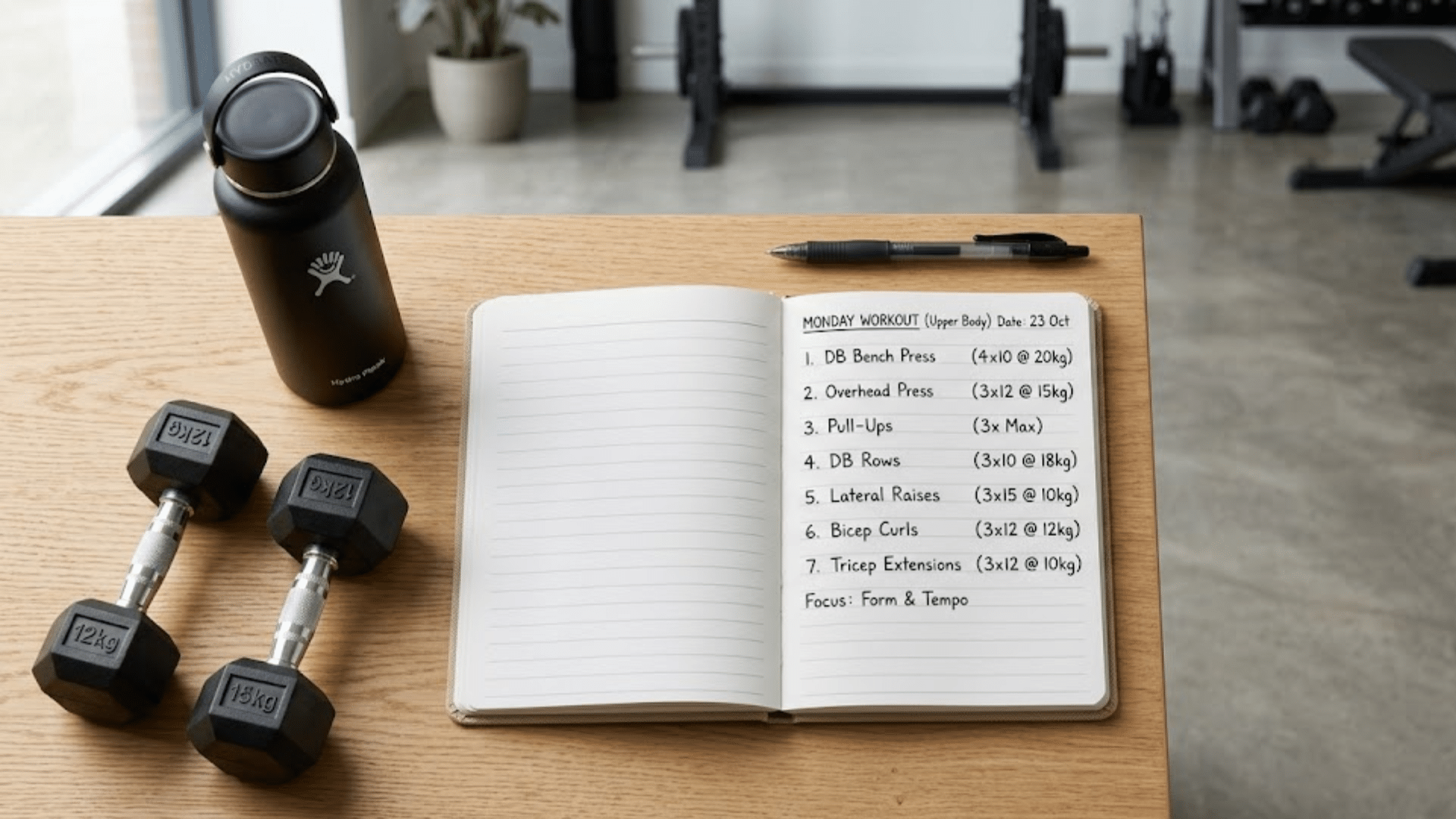 a workout journal on a table with dumbbells water bottle and pen showing a fitness plan how many exercises should you do per workout