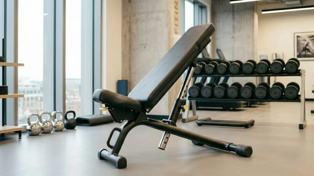 adjustable incline bench in gym setup showing what does incline bench work for chest and upper body exercises