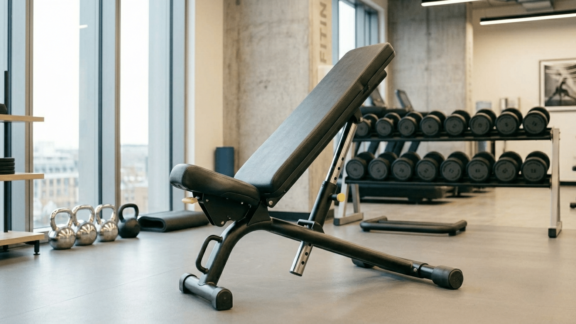 adjustable incline bench in gym setup showing what does incline bench work for chest and upper body exercises