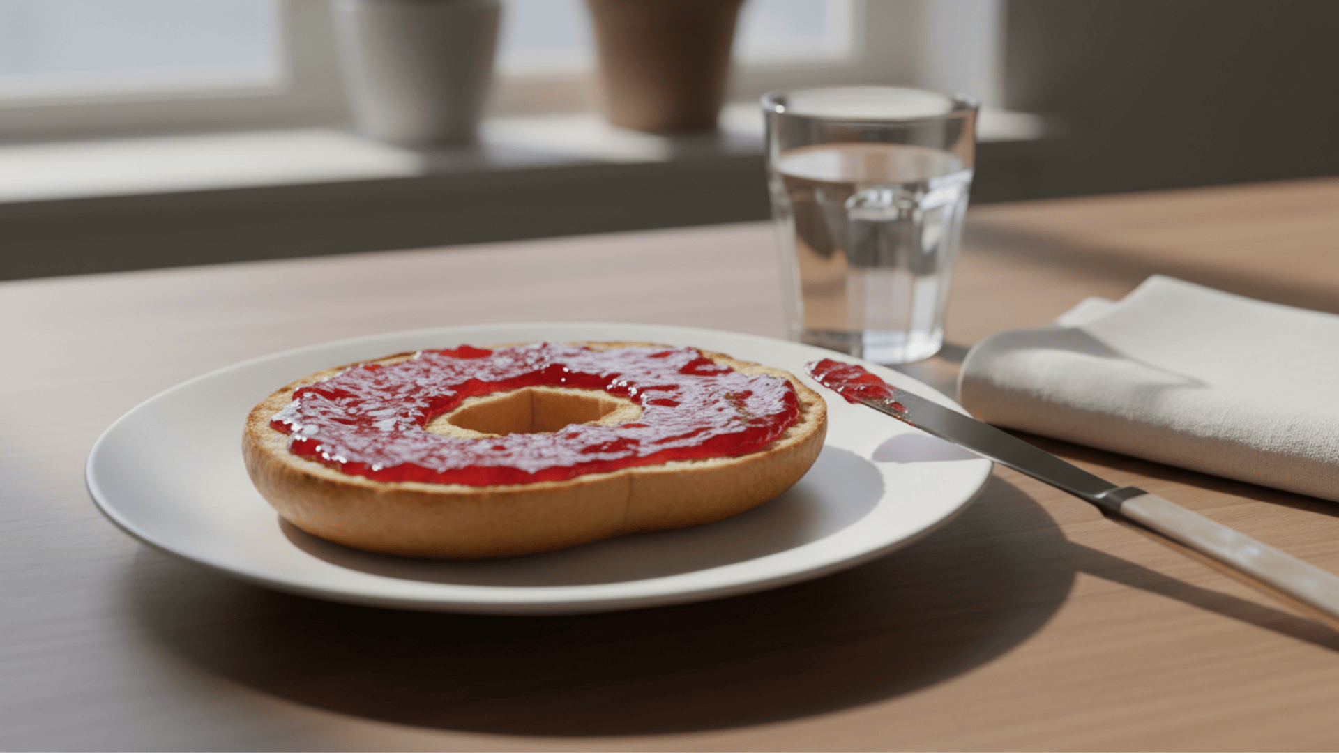 bagel with red jam on white plate with knife glass of water and napkin on table in soft natural light