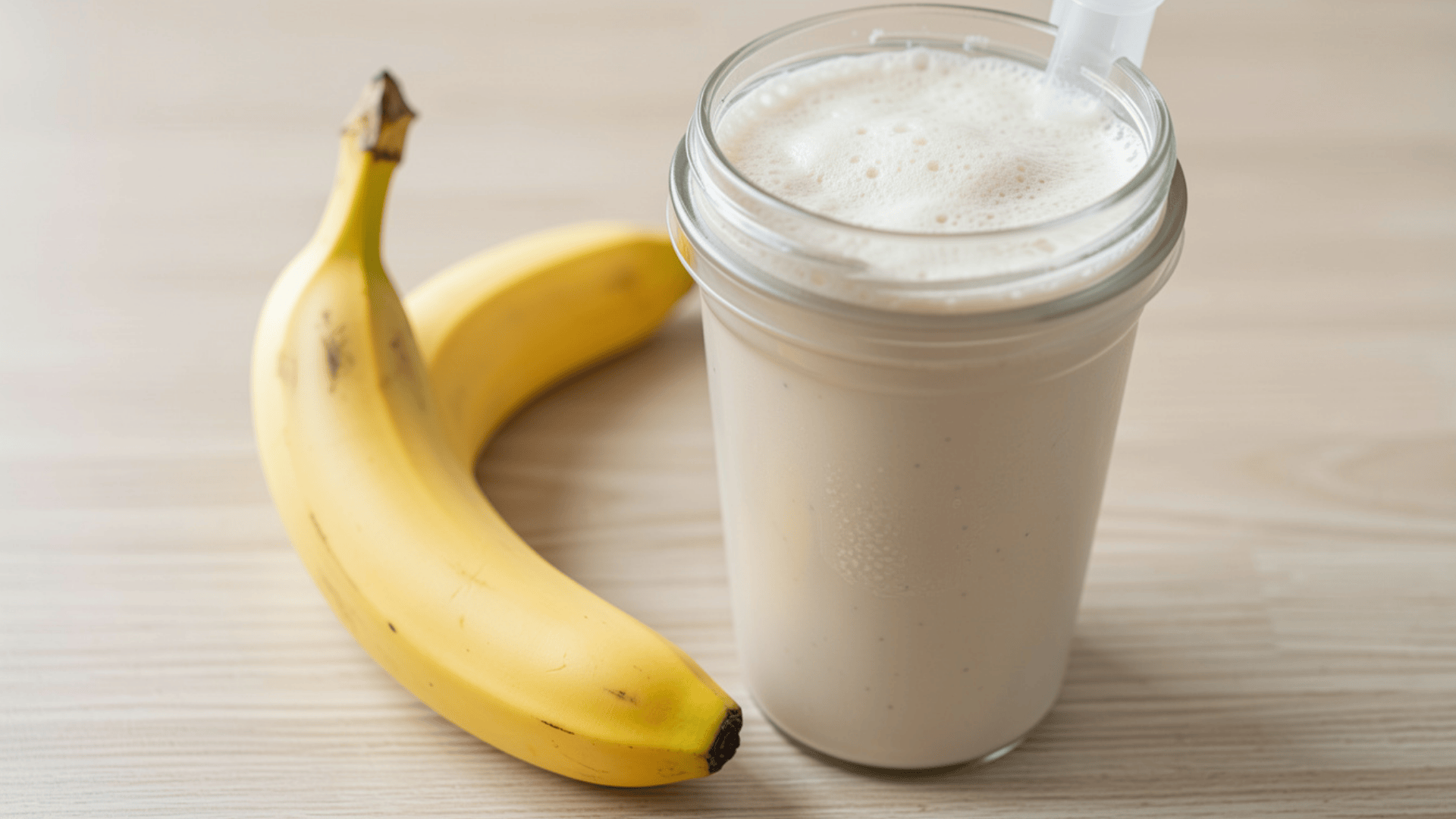banana and protein smoothie in glass jar on table as simple post workout meal