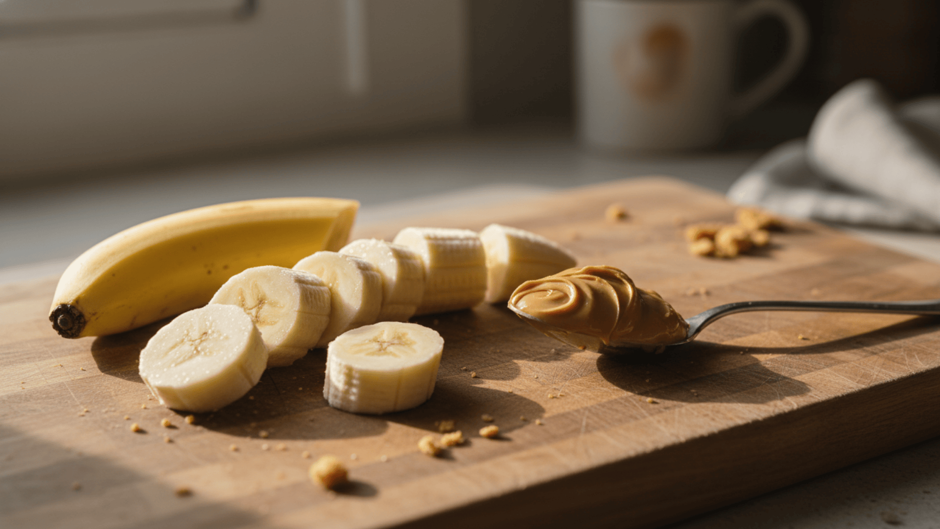 banana and sliced pieces on wooden board with spoon of peanut butter crumbs scattered in warm kitchen light