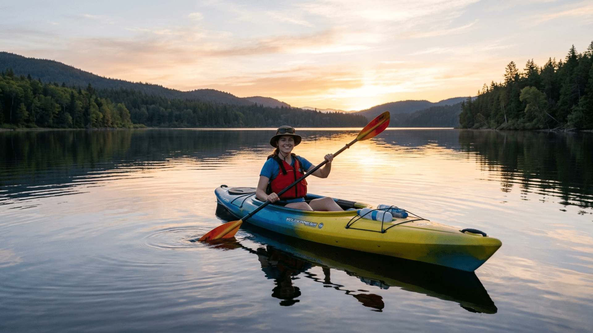 beginner kayaking on calm lake with proper paddle grip and life jacket for safety