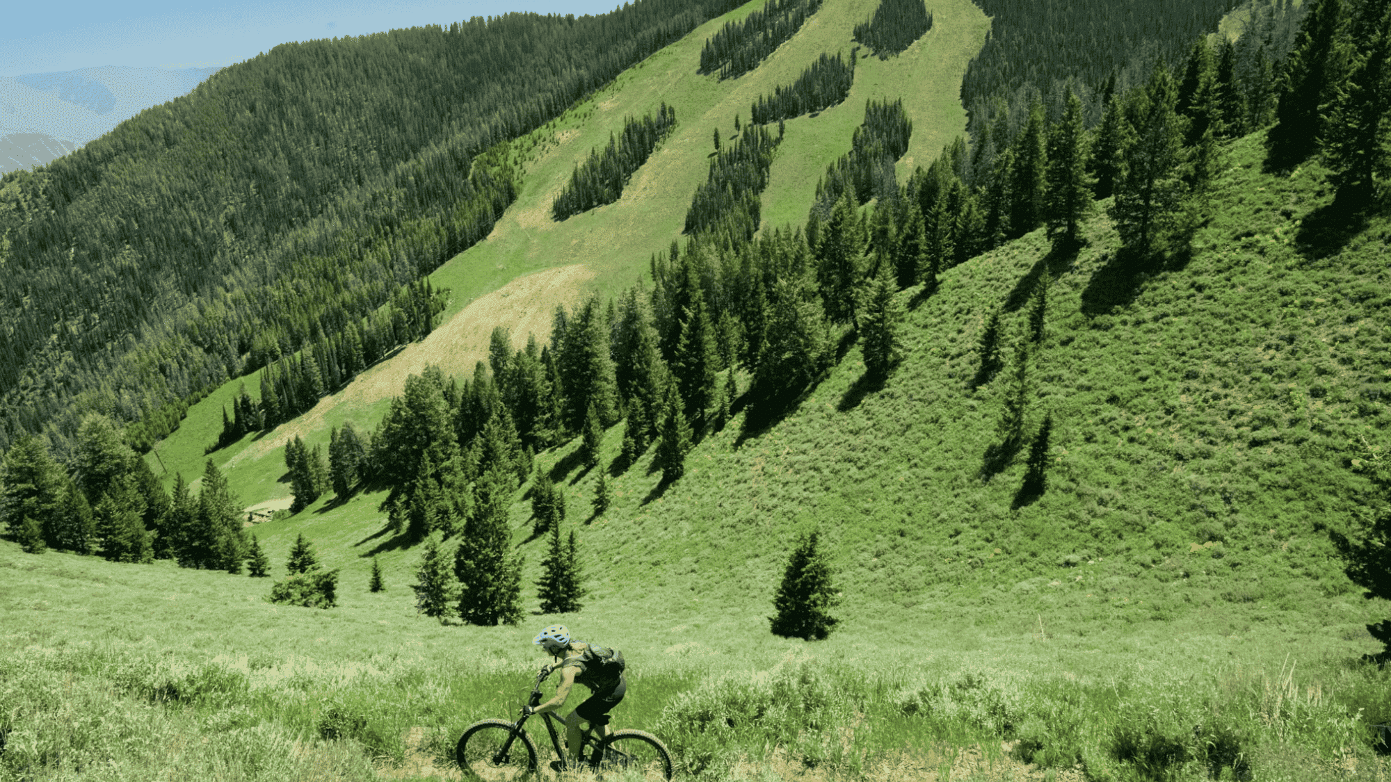 biker riding on dirt trail in idaho sun valley trails with open hills trees and mountain views