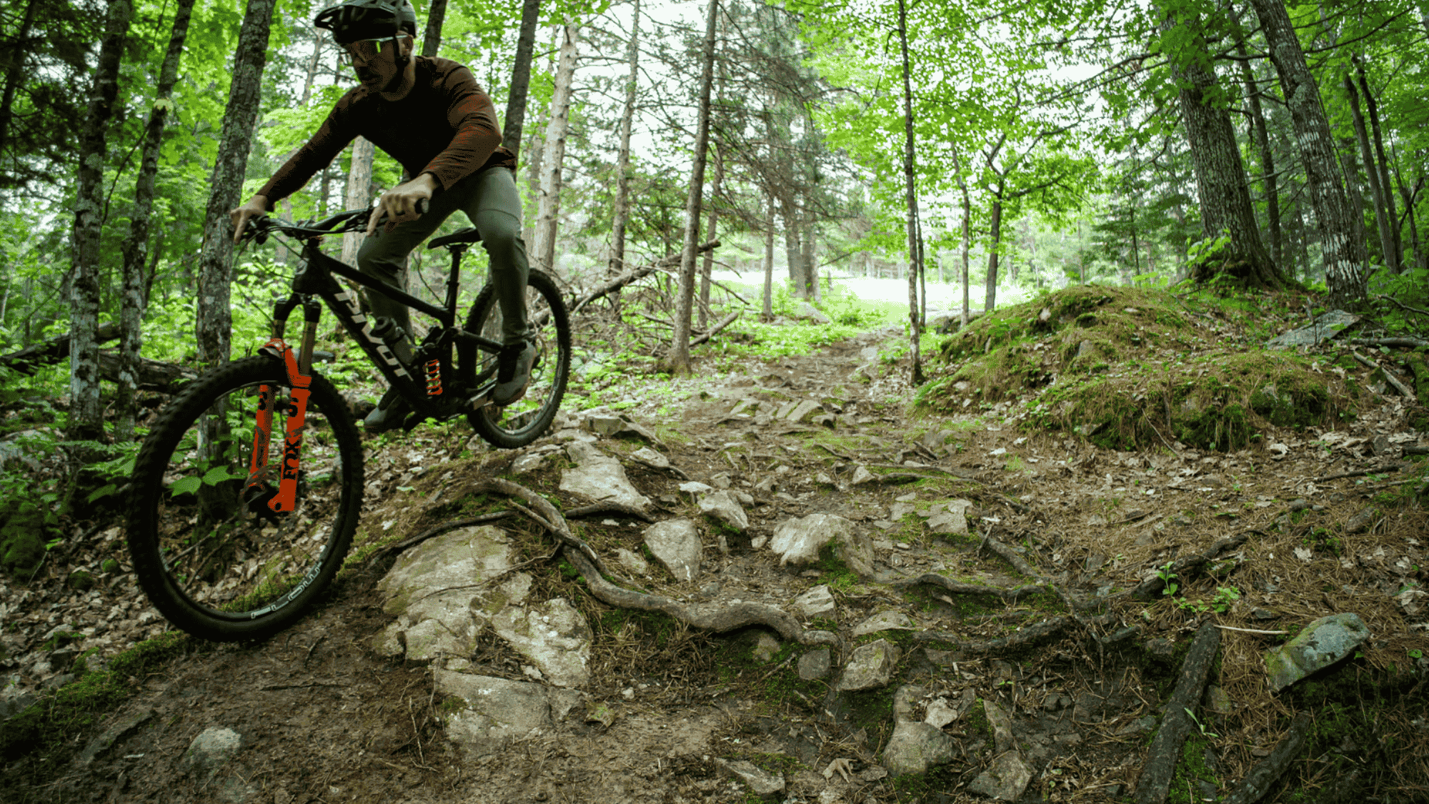 biker riding on rocky trail in michigan marquette trails through forest with roots stones and dirt path