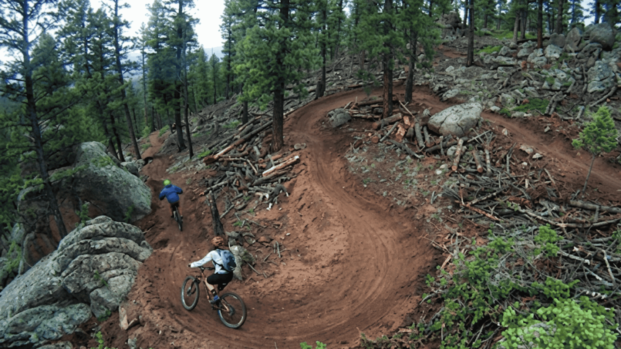 bikers riding on forest trail in colorado buffalo creek trails with rocks trees and winding path