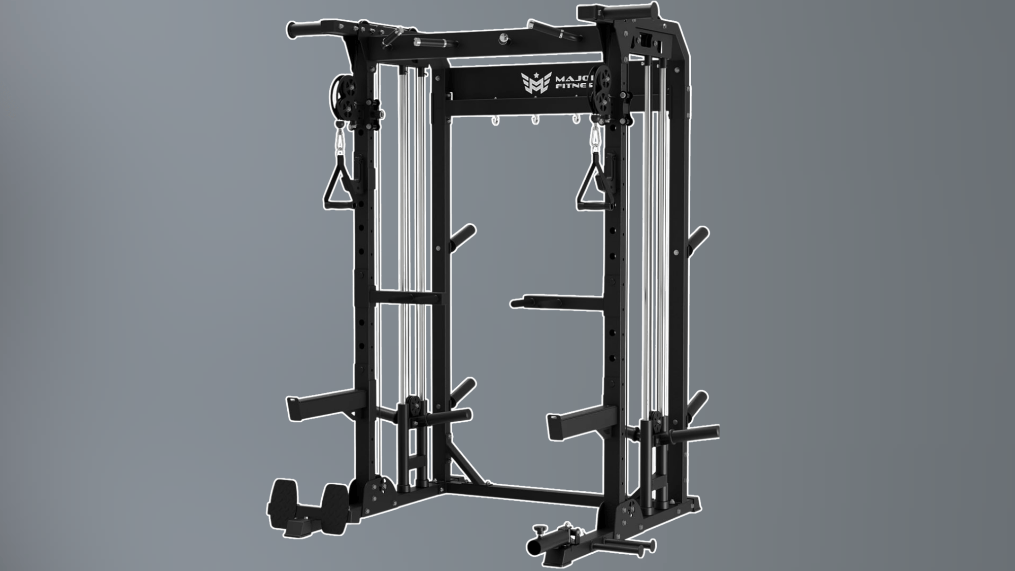 black cable machine with dual weight stacks and attachments isolated on gray background