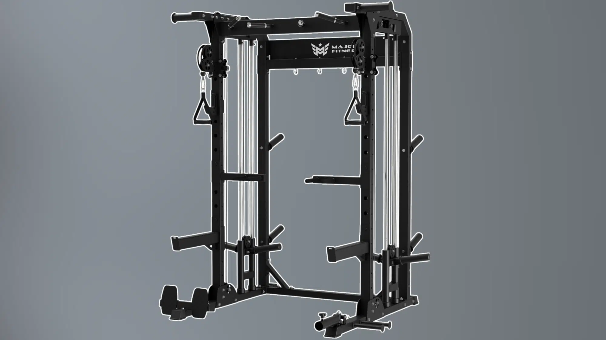 black cable machine with dual weight stacks and attachments isolated on gray background