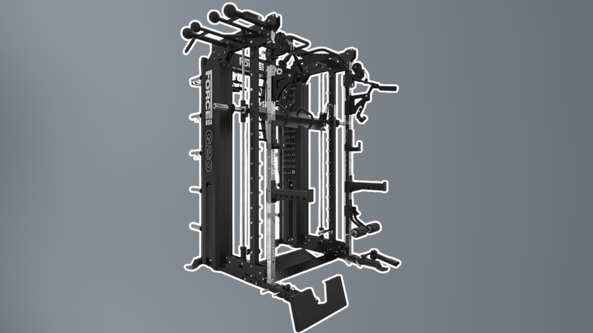 black multifunction gym machine with cables pulleys and weight stacks isolated on gray background