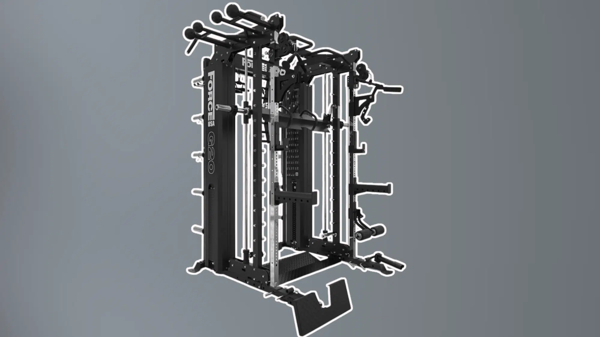 black multifunction gym machine with cables pulleys and weight stacks isolated on gray background