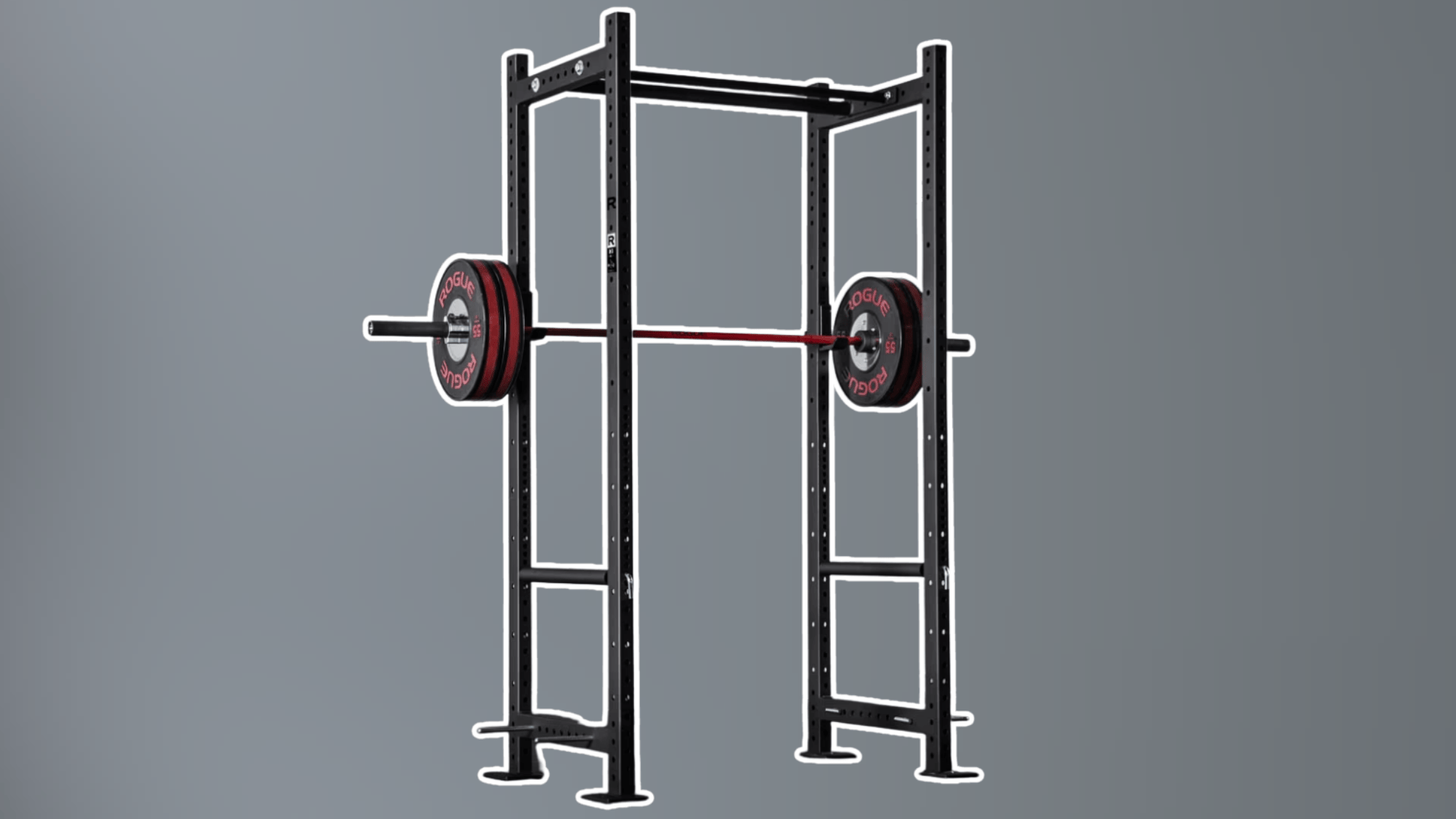 black power rack frame with barbell and weight plates isolated on gray background