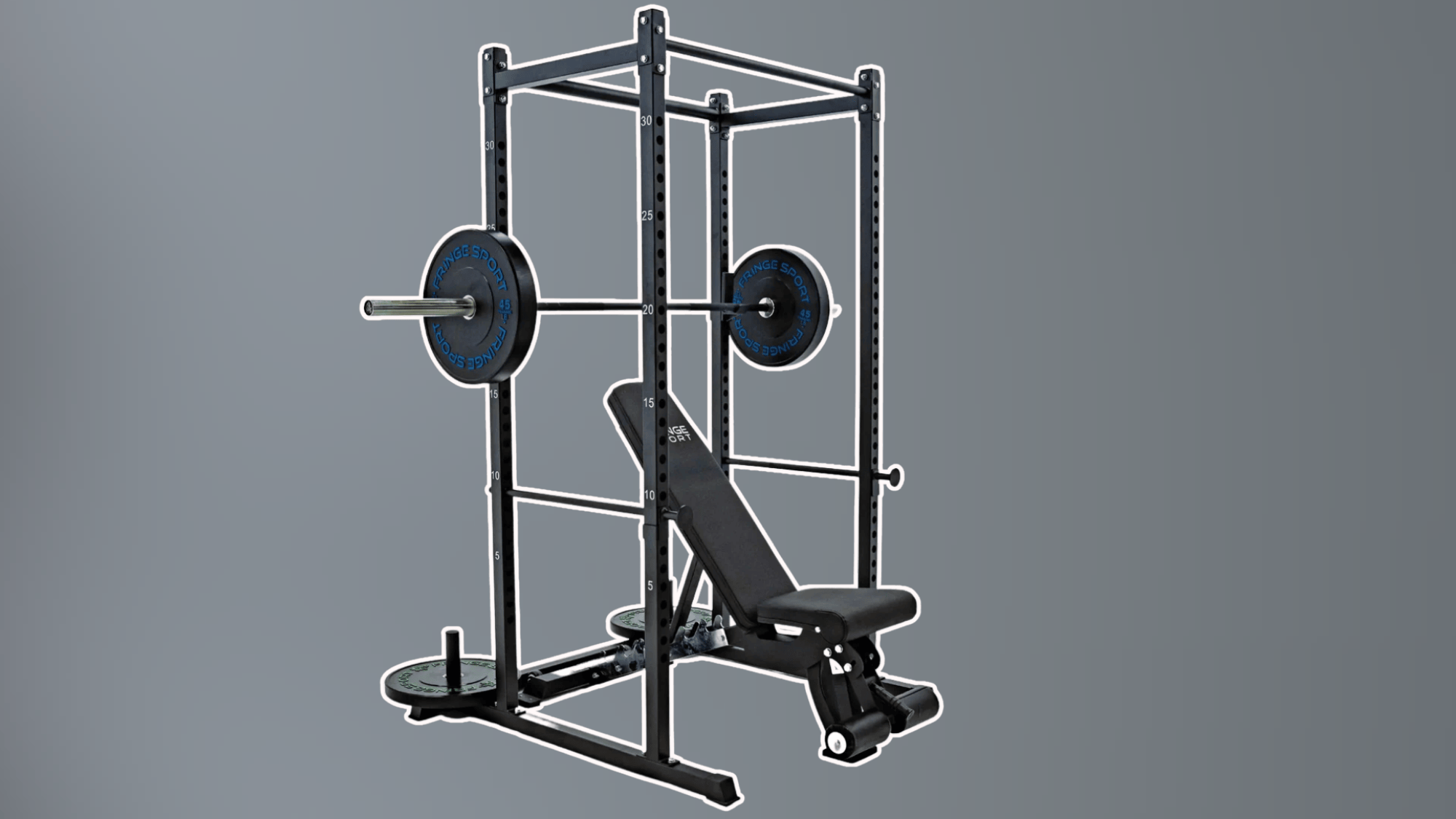 black power rack with barbell and adjustable bench setup isolated on gray background