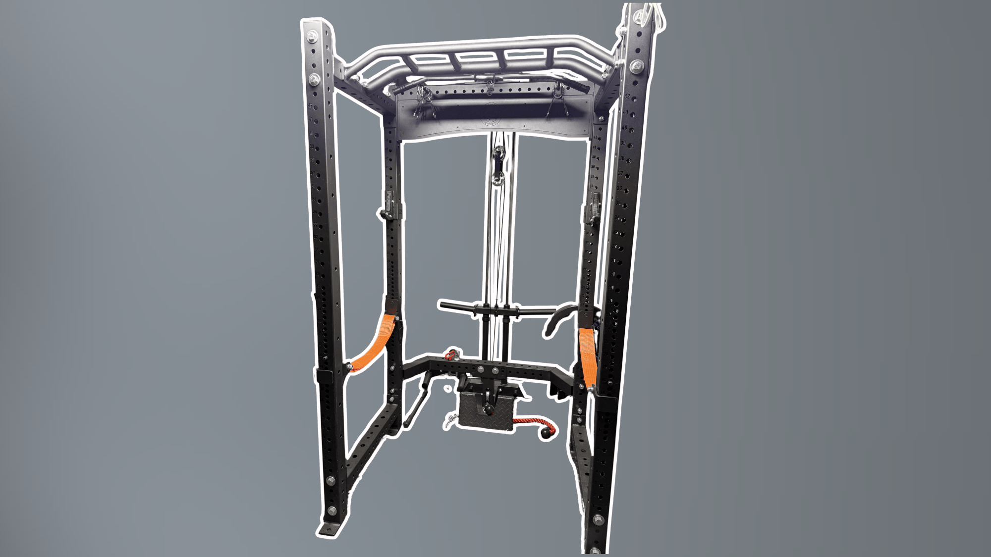 black power rack with cable pulley system straps and adjustable bars displayed against gray background