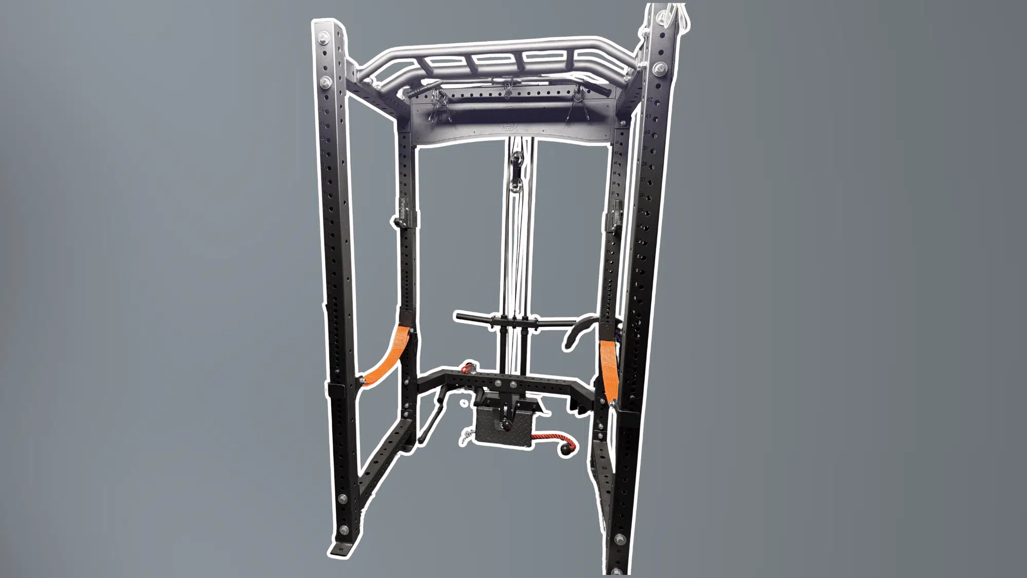 black power rack with cable pulley system straps and adjustable bars displayed against gray background
