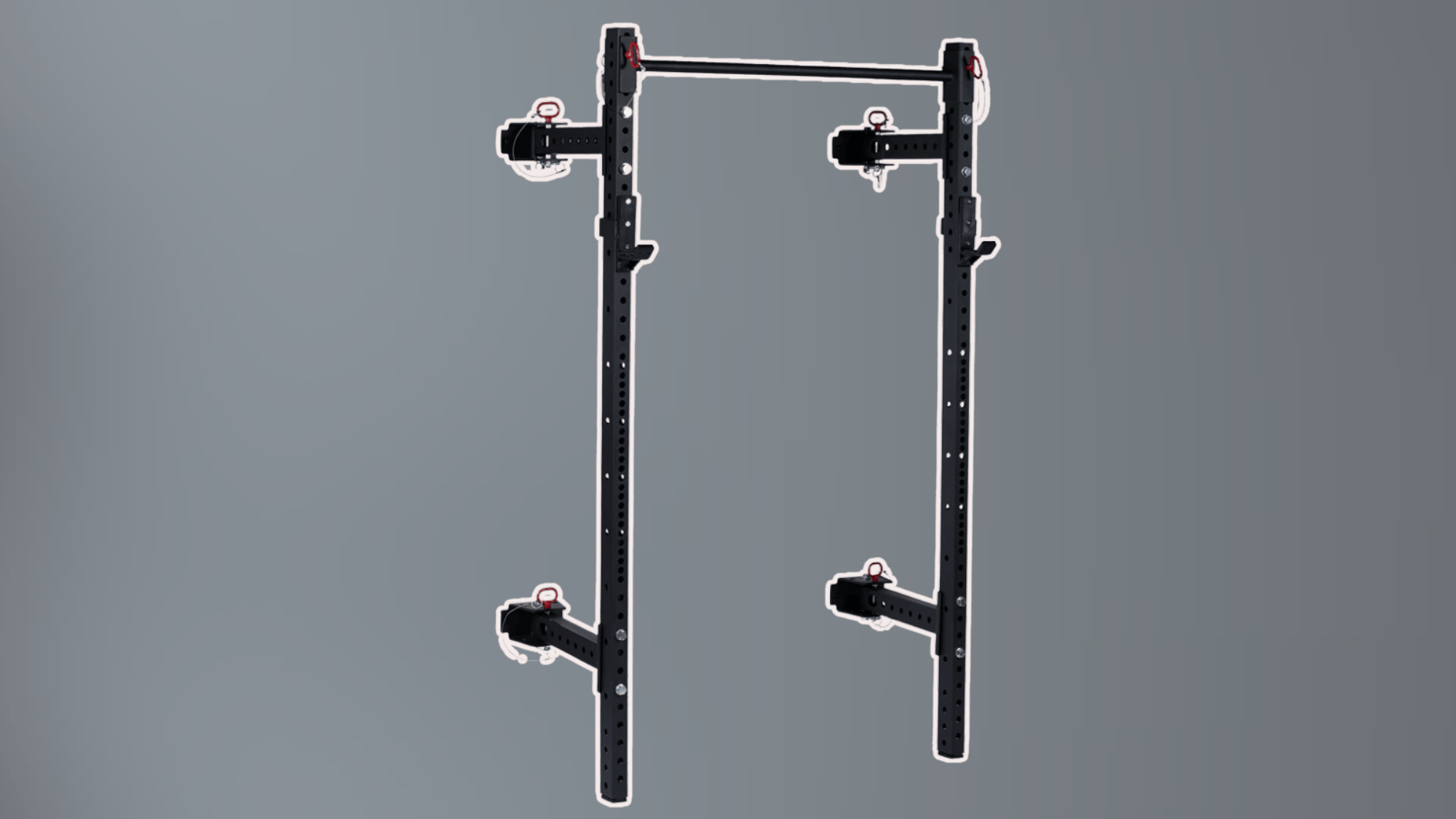 black squat rack frame with adjustable arms and pull up bar isolated on gray background