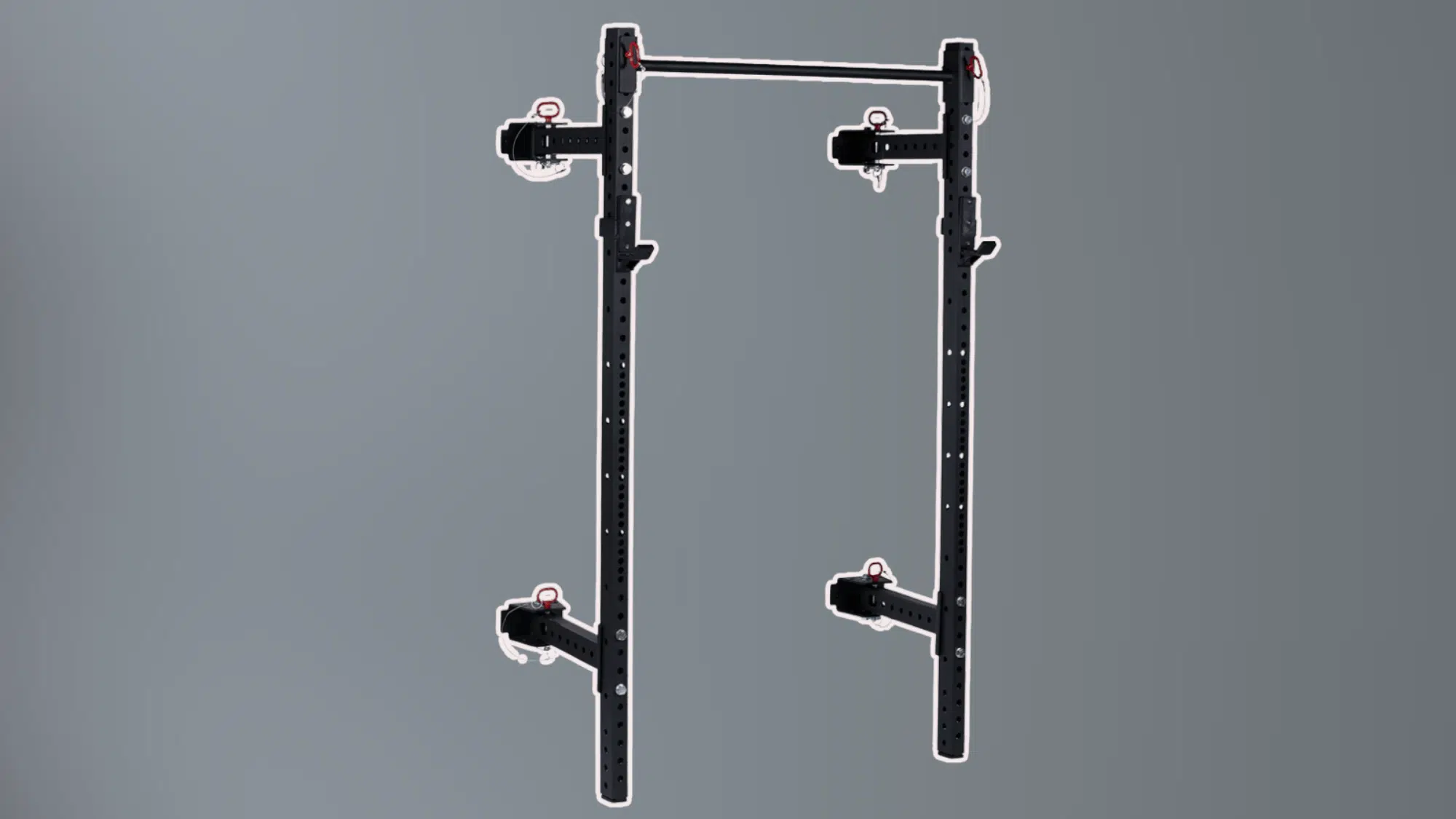 black squat rack frame with adjustable arms and pull up bar isolated on gray background