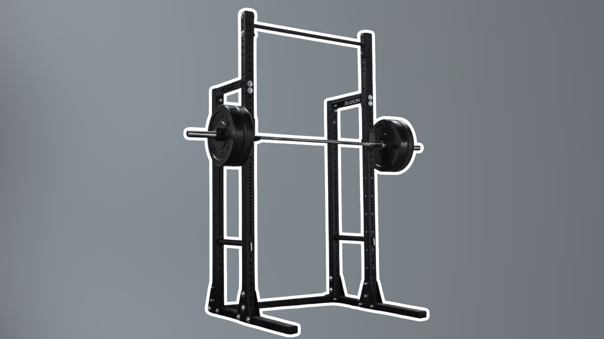 black squat rack frame with barbell and weight plates isolated on gray background