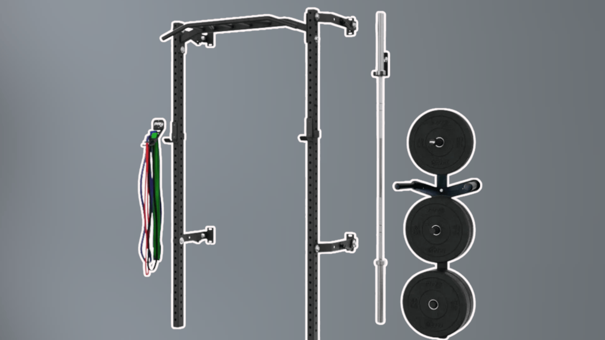 black squat rack with resistance bands barbell and weight plates isolated on gray background