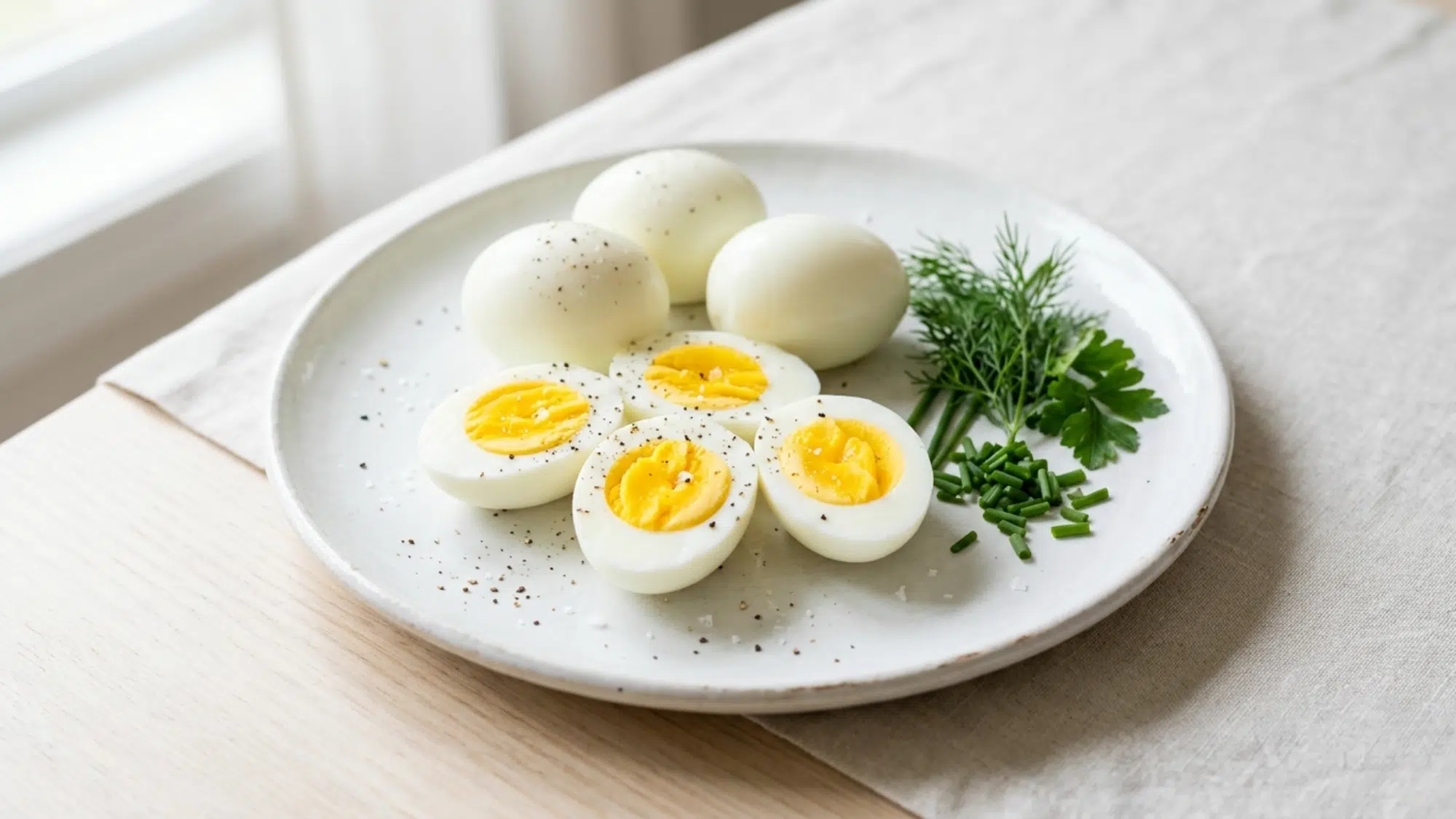 boiled eggs on a plate with herbs ideal for high protein snacks weight loss and clean eating meals