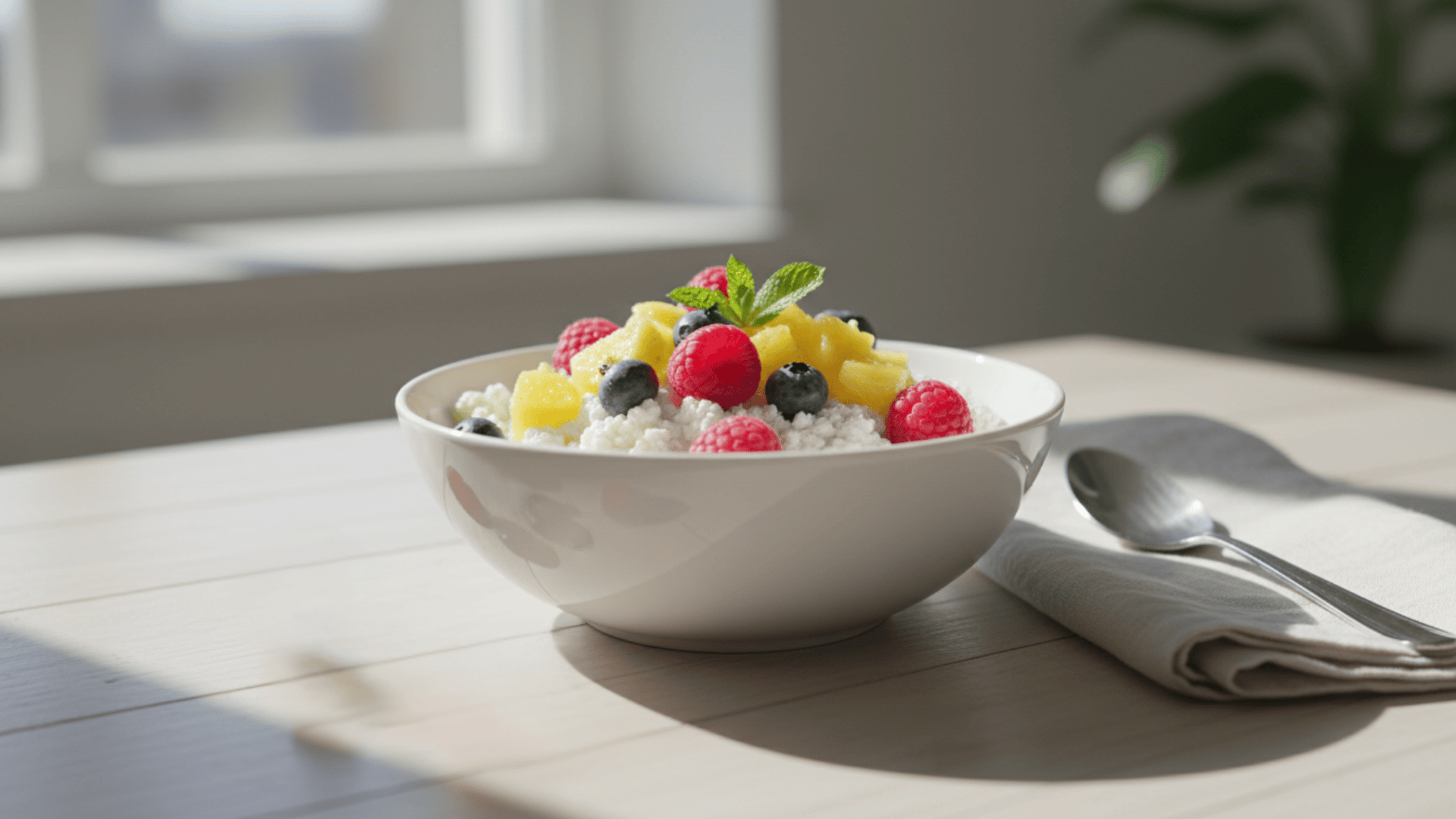 bowl of cottage cheese topped with raspberries blueberries and pineapple pieces with mint on table in soft sunlight