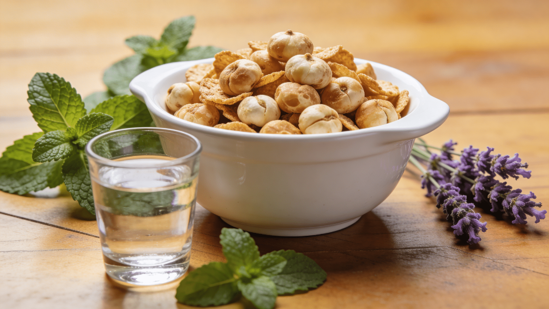 bowl of fox nuts with herbs and drink