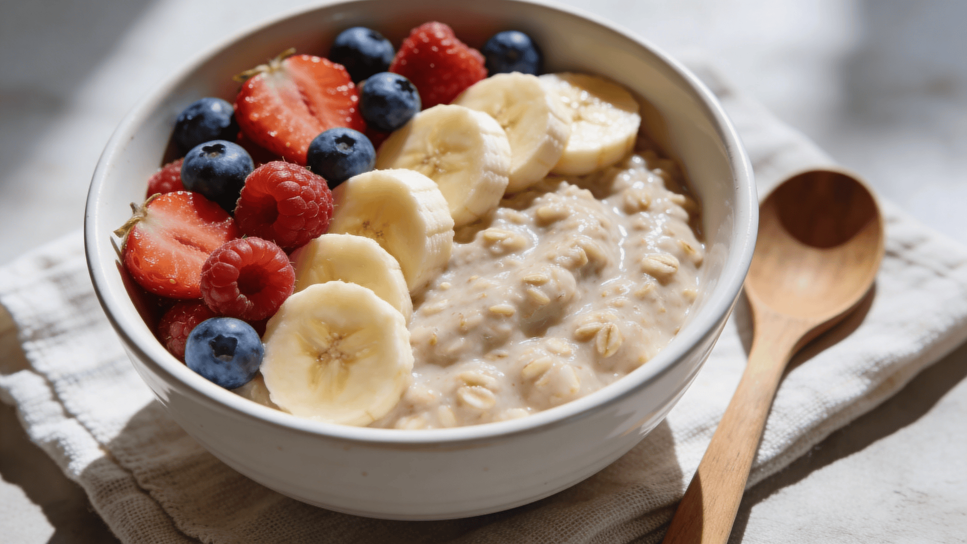 bowl of oatmeal topped with sliced banana strawberries blueberries and raspberries with wooden spoon on cloth surface