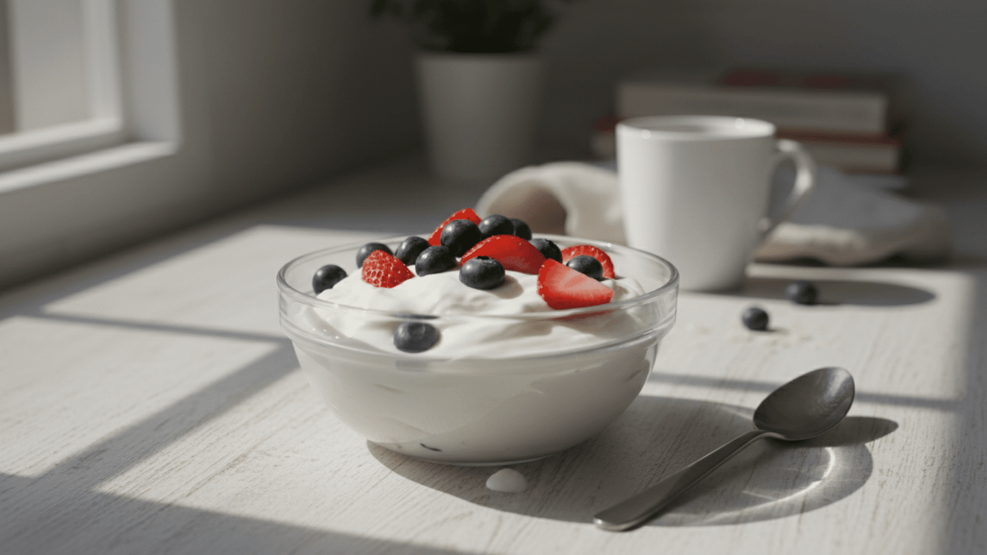 bowl of yogurt topped with strawberries and blueberries on table with spoon and cup in soft natural light