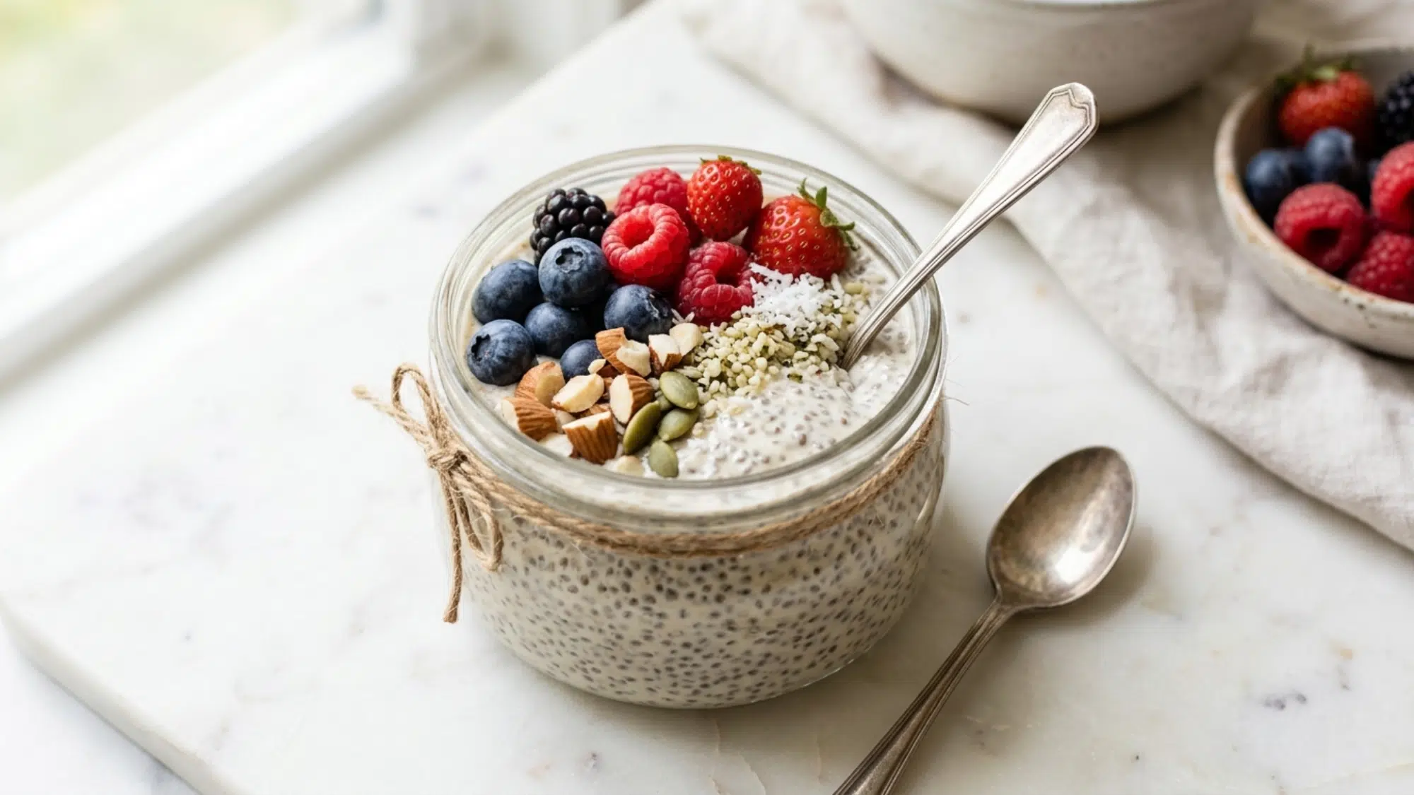 chia pudding with berries and nuts in a jar great for high protein snacks weight loss and healthy eating