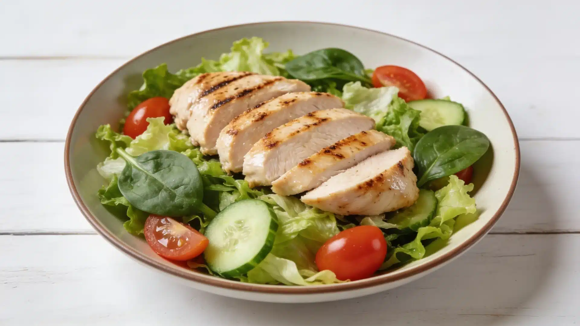 chicken salad with leafy greens and grilled chicken perfect for high protein snacks weight loss and healthy meals