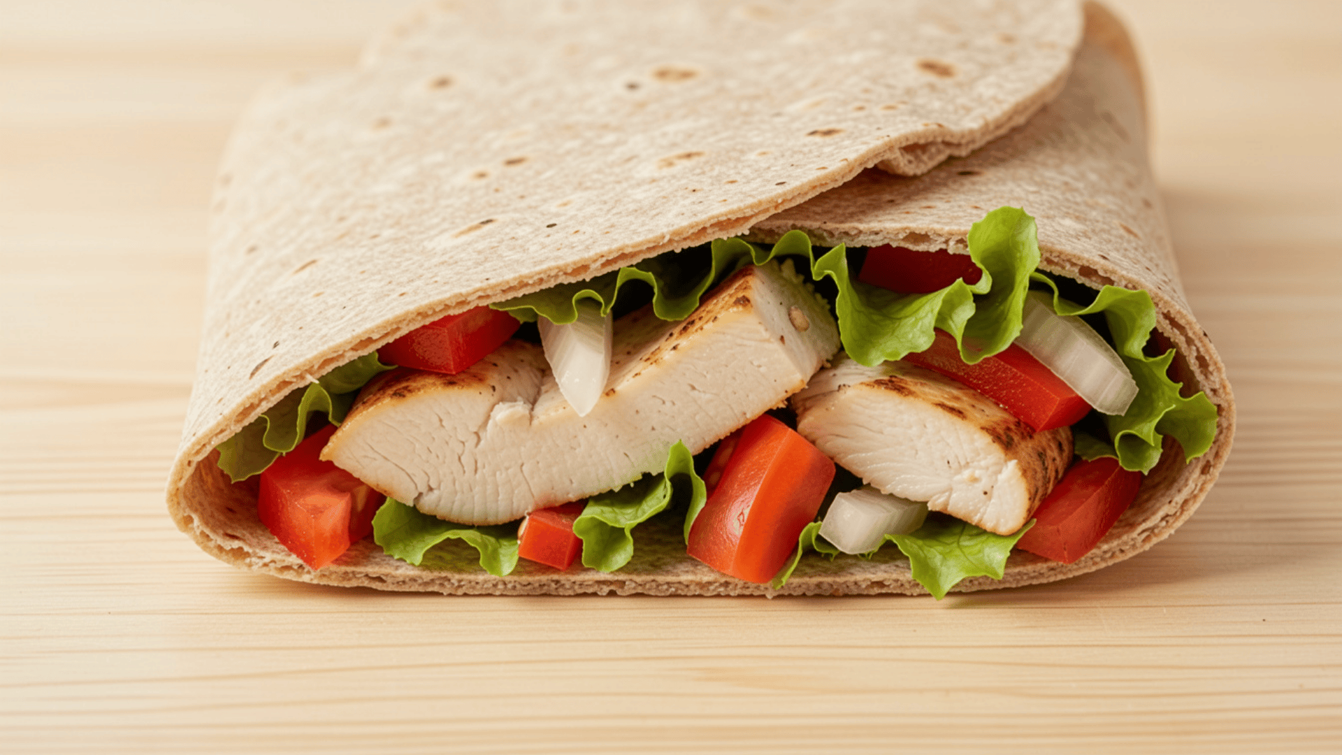 chicken wrap with lettuce tomato and onion in flatbread as balanced post workout meal