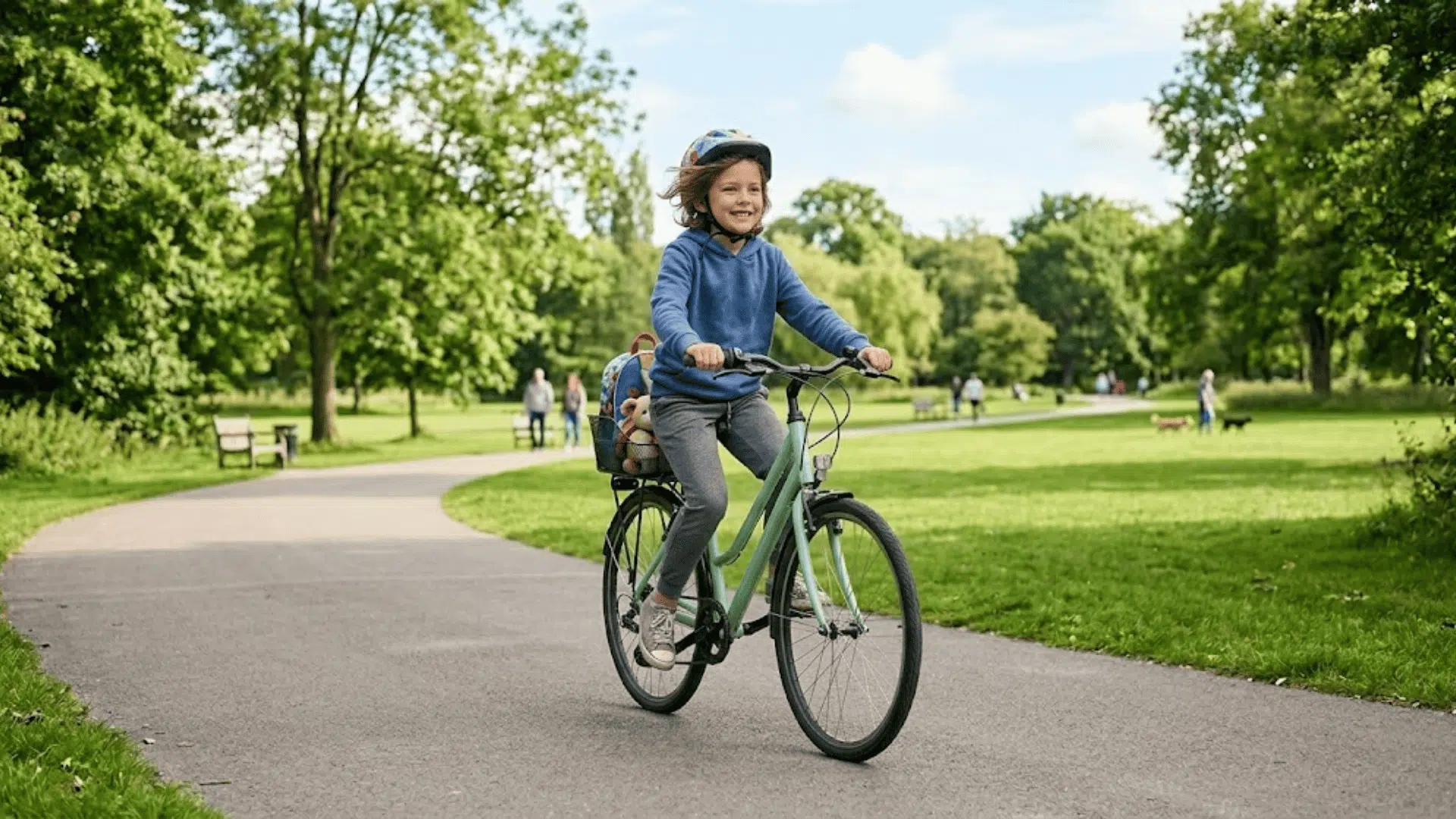 child learning how to ride a bike with helmet on a park path practicing balance and control outdoors